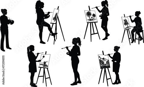 Artist painting silhouettes, easel and canvas poses, creative process art, landscape illustration set, studio design