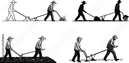Agricultural plowing illustrations, manual and traditional tools, farming activity art, soil preparation design, rural labor set
