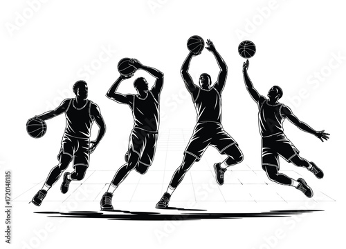 Dynamic basketball players in action silhouette displaying dribbling shooting and dunking moves