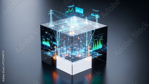 Dynamic digital grid visualization with glowing city infrastructure and data analytics displays, showcasing futuristic energy networks