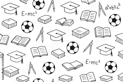 Chalkboard Pattern with Educational Icons Including Books Graduation Caps and Mathematical Equations