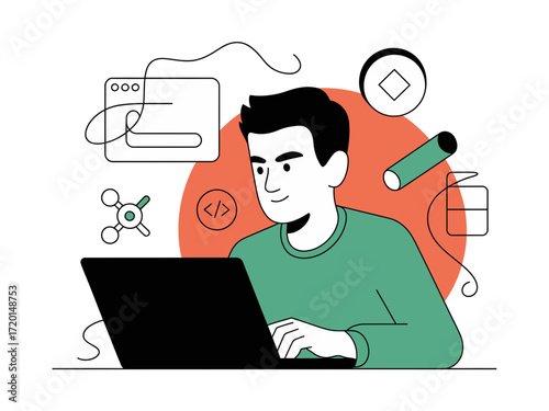 Creative coder designing innovative software interface using laptop, symbolizing modern technology and digital solutions for business growth and success