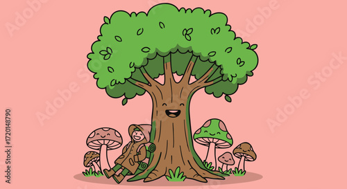 Whimsical Illustration of a Happy Tree Resting with Mushrooms and a Sleeping Character