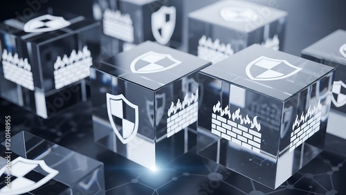Modern digital security concept with glowing firewall and shield icons on transparent cubes, illustrating data protection and cyber defense strategies.