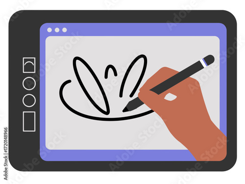 Digital artist creating artwork on tablet using pen, creative process unfolds with modern technology for web design, illustration, and visual communication