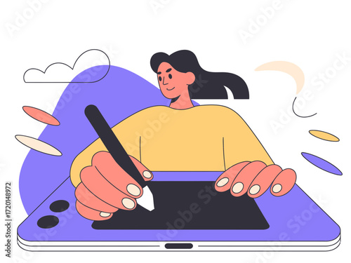 Creative artist working on digital tablet with stylus pen, expressing imagination, modern graphic design illustration for innovative tech concepts