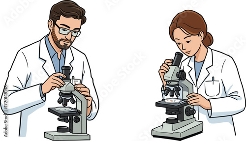 Cartoon scientists, male and female, using microscopes, laboratory research, scientific observation, biology study, medical analysis, experiment, education, science illustration