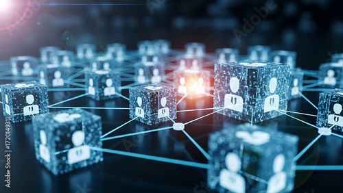 Dynamic digital network connecting people icons in abstract futuristic glowing cubes