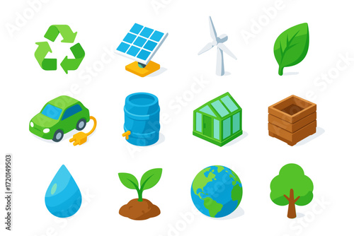 Eco-friendly icons: renewable energy, recycling, green living symbols for sustainable future