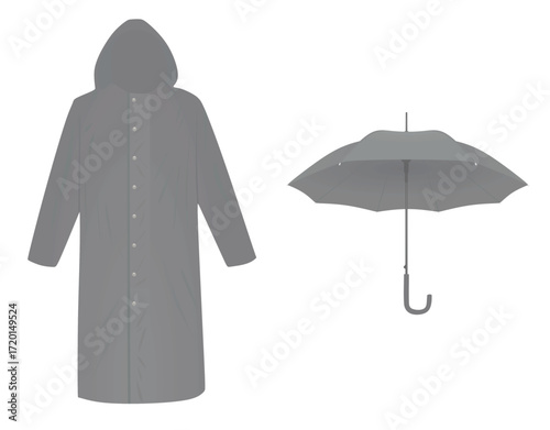 Grey rain coat and umbrella. vector illustration	