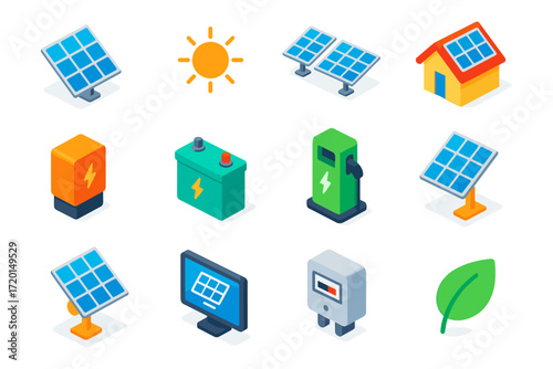 Renewable energy icons: isometric solar panels, batteries, and green technology symbols