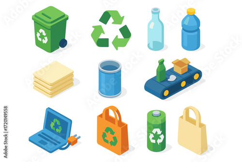 Eco-friendly recycling set featuring isometric icons of waste management and sustainable practices