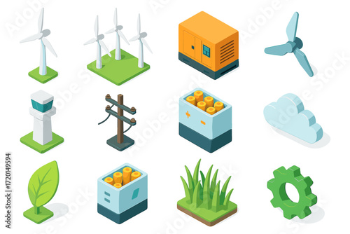 Sustainable energy icons set: wind turbines, solar panels, eco-friendly technology in isometric design