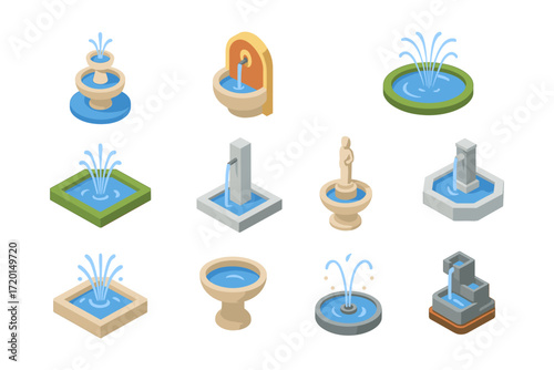 Isometric fountain collection: creative water feature designs for urban spaces