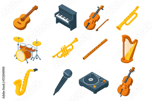 Isometric musical instruments collection featuring piano, violin, and more