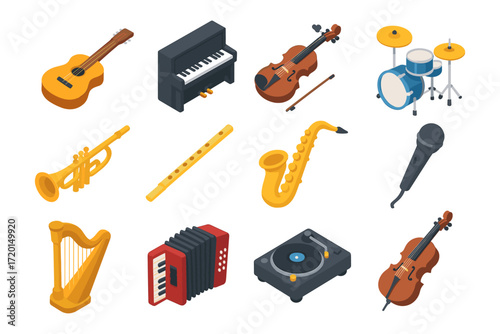 Isometric musical instruments collection featuring guitar, piano, violin, and more