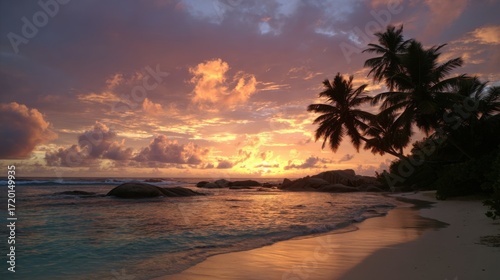 Golden hues fill the sky as the sun sets over a serene tropical beach. Palm trees lean toward the tranquil waters, creating a perfect natural haven for relaxation.