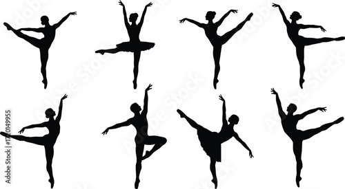 Ballet dancer silhouette set, elegant poses, classical movement, graceful form, black vector, dance illustration, white background