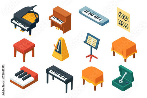 Isometric musical instruments set with piano, metronome, and keyboard elements
