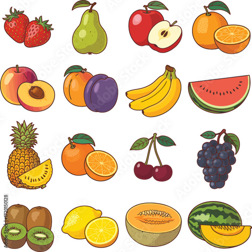 Vibrant Collection of Fresh Fruits Illustrations of Apples, Bananas, Strawberries, and More