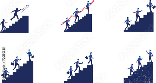 Business people climbing stairs, teamwork illustration, career growth, success concept, puzzle steps, vector artwork