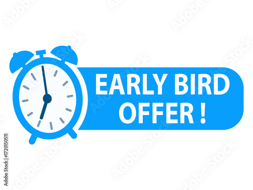 Blue promotional banner featuring white alarm clock and text Early Bird Offer for limited time deals and sales. Clipart image isolated on background.