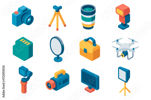 Isometric photography equipment icons: camera, drone, tripod, and accessories