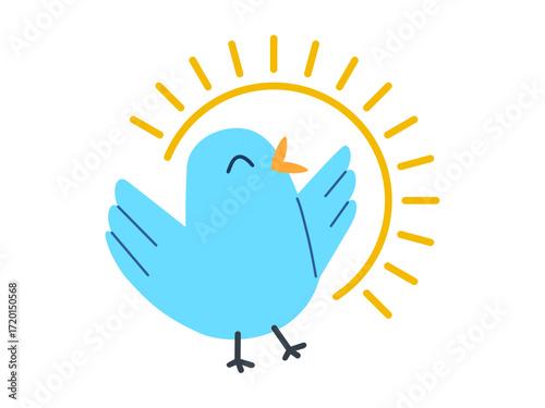 Blue bird with radiant sun icon in happy pose. Clipart image isolated on background.