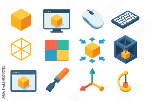 3d printing icons: design and technology tools in isometric style