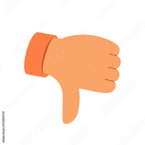 Cartoon hand giving thumbs down gesture in flat design style. Clipart image isolated on background.