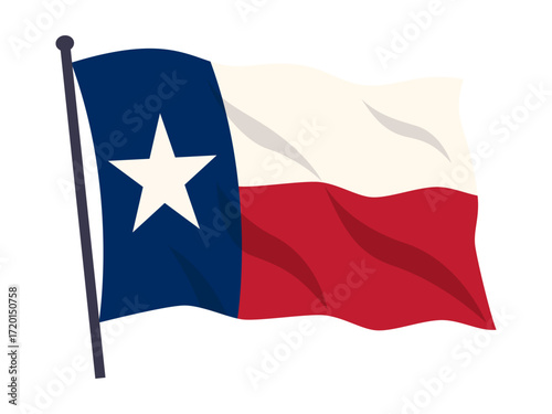 Texas state flag waving on pole vector illustration for graphic design. Clipart image isolated on background.