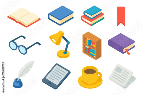 Colorful isometric icons of reading and literature elements