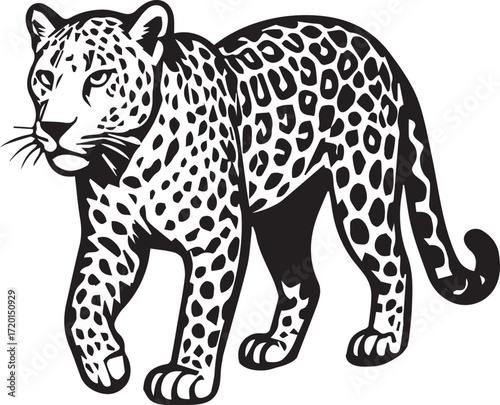 Black and White Leopard Illustration – Hand Drawn Wild Animal Vector Art