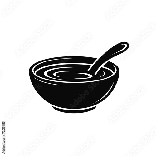 Simple black silhouette of a bowl of soup with a spoon