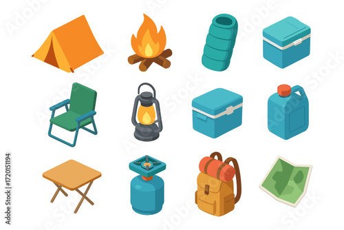 Isometric camping essentials: tent, campfire, backpack, lantern, and more outdoor gear icons
