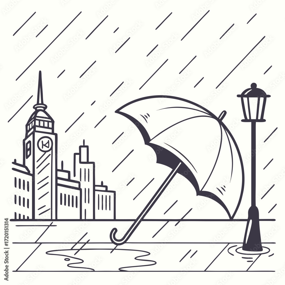 Fototapeta premium Vector art of a black and white line art illustration of a rainy city scene with an umbrella, street lamp, and buildings the rain is depicted with diagonal lines, and the umbrella is open