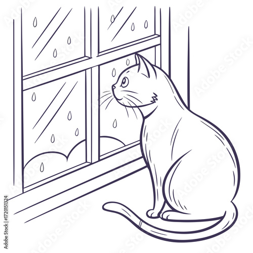 Vector art of a charming black and white line drawing depicts a cat gazing out a window on a rainy day, capturing a moment of quiet contemplation and the simple beauty of natures elements