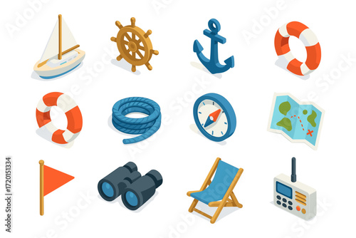 Isometric nautical icons: boat, anchor, lifebuoy, map, compass, and more