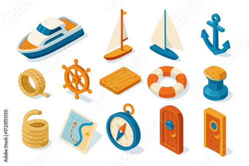 Isometric nautical icons set featuring boats and sea equipment for marine adventures