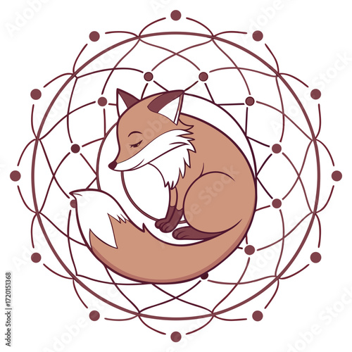 Vector art of a charming illustration showcases a curledup fox nestled within a geometric mandala, its eyes gently closed in peaceful slumber, the foxs fur is a warm blend of brown and cream