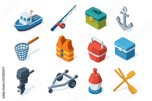 Isometric fishing equipment collection featuring boat and accessories