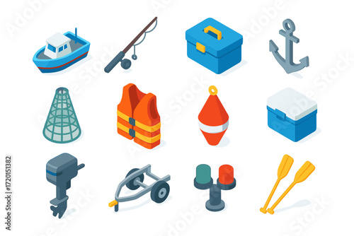 Isometric fishing equipment collection with boat, anchor, and buoy on white background