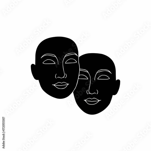 Abstract line art of two faces symbolizing duality and emotions  