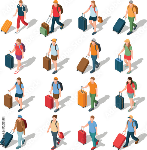 An isometric illustration set of 16 traveling people .eps
