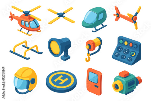 Isometric helicopter parts and accessories for aviation design projects