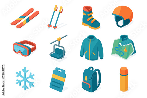Winter sports gear collection featuring isometric ski equipment and accessories