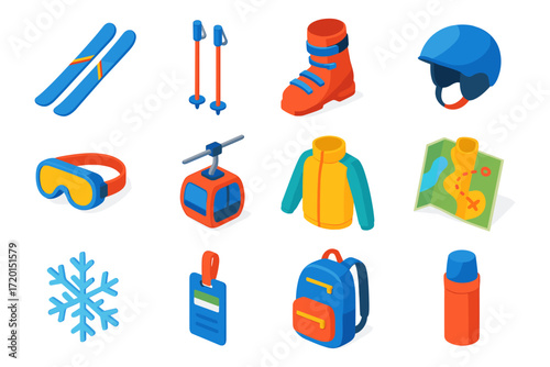 Essential winter sports gear set in modern isometric style for ski and snowboard enthusiasts