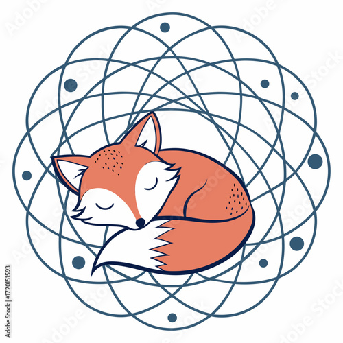 Vector art of a delightful illustration features a sleeping fox curled up inside a geometric mandala, the fox has orange fur and a white tail, with its eyes closed in a serene expression