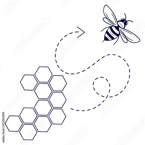 Vector art of a minimalist illustration of a bees flight path towards a honeycomb, depicted with a dotted line and arrow, the bee is rendered in a simple, cartoonish style, with black stripes