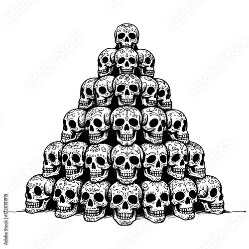Pyramid of skulls in intricate design, concept of pencil drawing on the theme of the Day of the Dead, isolated vector image on a transparent background  